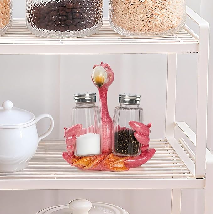 Decorative Flamingo Salt and Pepper Shaker Holder, Coastal Kitchen Decor (Flamingo)