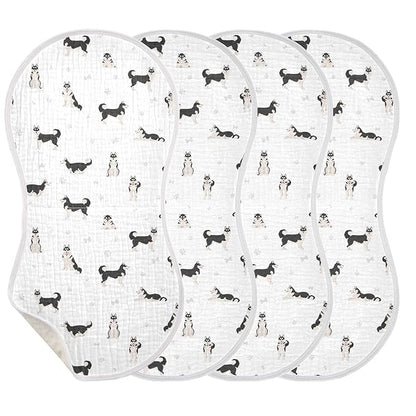 Muslin Baby Burp Cloths, Cute Dogs Siberian Husky Muslin Washcloths Baby Rags Comfy Soft Absorbent in for Newborn Boys and Girls 4 Piece 22 x 11 Inch