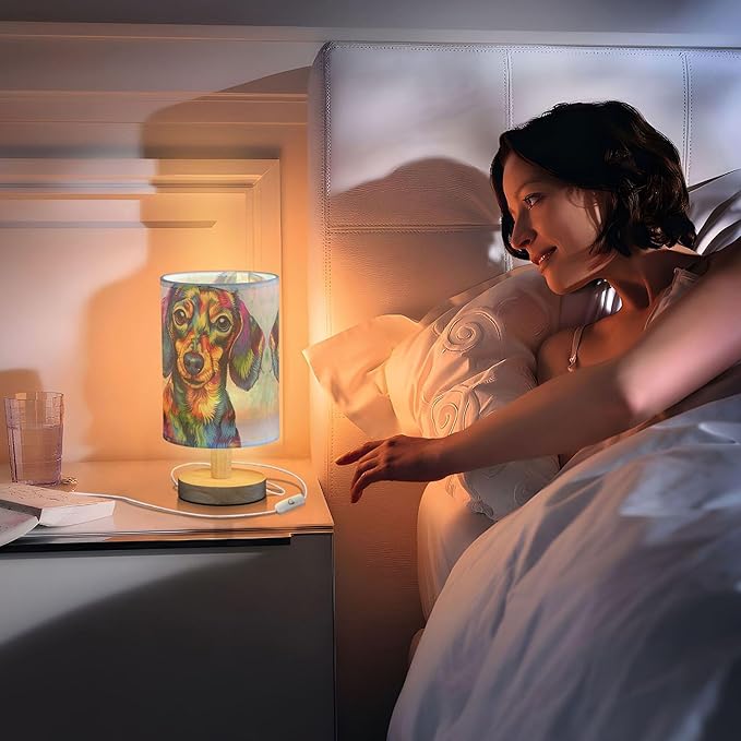 Table Lamp Colorful Dachshund Puppy Nightstand Lamp with Wood Base Fabric Lamp Shade Bedside Desk Lamp for Living Room Bedroom Kids Room Office