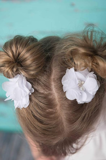 Baby Girls Chiffon Flower Hair Clips with Rhinestones and Pearl,YYCRAFT 10 pcs Party Wedding 2" Hair Accessory for Kids Toddler Infant Girls(Snow White)