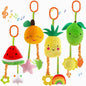 KAKIBLIN Baby Hanging Rattle Toys, 4 Pack Car Seat Stroller Toys Soft Squeaky Toy for Baby Newborn Infant Car Crib Travel Activity with Teether for Boys Girls, Toys for 0 3 6 9 12 Months, Fruits-A