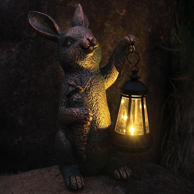 Solar Garden Statues -Rabbit Lantern Outdoor Handmade Resin Statue with LED Light, Cute Carrot Holder for Patio, Yard, Gift Ideas (rabbit2)