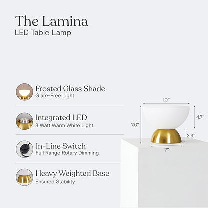 Brightech Lamina LED Table Lamp - Small 10 Inches Modern Bedroom Lamp - Bright Mini Reading Desk Lamp with Dimmable Warm Lighting for Bedside Table, Living Room, Office - Glass Lamp Shade, Gold/Brass