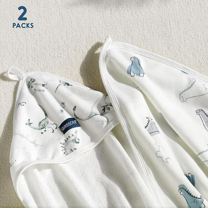 GRSSDER Baby Hooded Towel 2 Pack for Newborn, Super Soft Bath Towels with Original Designs, Ultra Absorbent Knit Terry, Large Toddler Towels with Hood for Boys Girls, Shower Gifts for Infant,34"x 34"