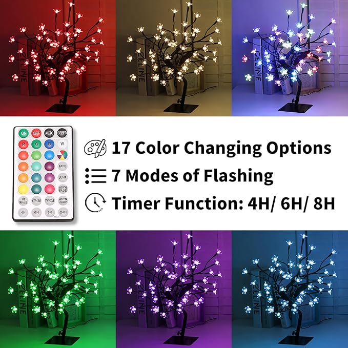 2 PK Cherry Blossom Tree Lights,Artificial Bonsai Tree with 48 Warm White Led Lights, 16.2 Inch Prelit Cherry Blossom Lamp for Christmas Party Wedding Gift Home Tabletop Decoration