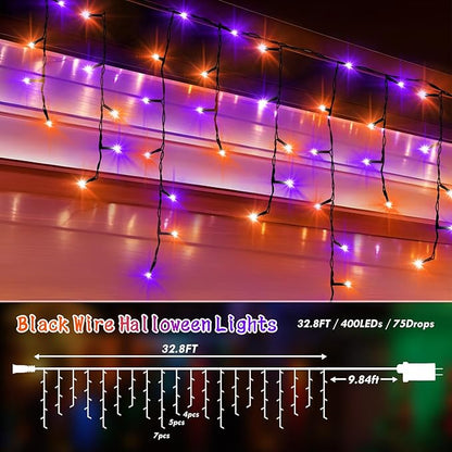 KNONEW 33FT 400 LED Orange Purple Halloween Lights Outdoor Black Wire String Lights with 75 Drops, 8 Lighting Modes, Timer Memory Function Connectable Hanging Curtain Lights for Halloween Party Decor