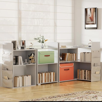 4 Cube Storage Organizer, 32inch Wooden Extendable Book Shelf DIY Bookcase with 2 pcs Storage Cabinet and Side Pockets, Open Storage Cabinet for Living Room, Bedroom, Home, Office