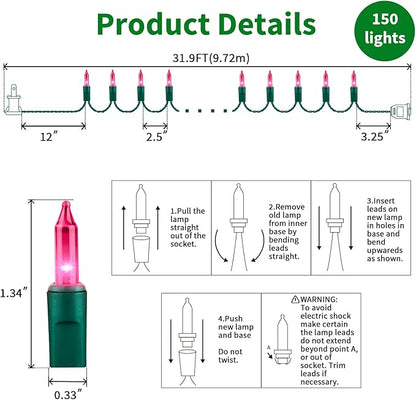 LAMPHOME Pink Valentine's Lights，Valentine's Day Decoration 150 Count 31.9ft UL Certified Mini Bulb String Light for Outdoor Christmas Garland Tree Garden Party Patio Wedding