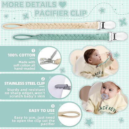 4 Pcs Pacifier Clip, Pacifier Clips for Boys & Baby Girls Pacifier Holder Clip Binky Clips Braided 100% Handmade Fits All Pacifiers(Blue, 4 Pack)