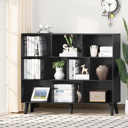 YAHARBO 10 Cube Large Bookshelf,3 Tier Bookcase with Legs,Black Mid-Century Modern Bookshelves,Wide Free Standing Open Storage Organizer Shelf,Tall Wooden Book Case Furniture for Living Room,Office