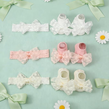 3 Pack Baby Girls Headbands and Socks Set Newborn Lace Bow Hairbands Non-Slip Grips Socks for Babies Infants and Toddlers (Beige, Pink, White)