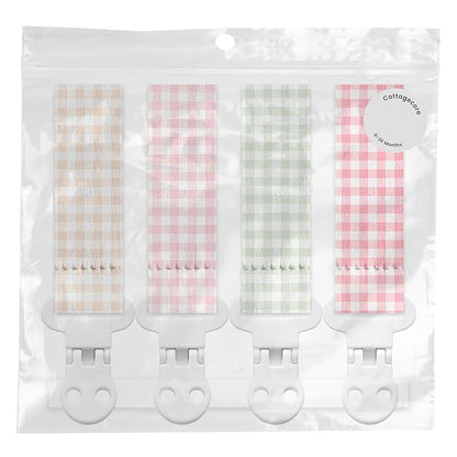 Stadela Baby Fabric Pacifier Clip Holder, Plastic Clip, 4‑Pack, Gingham Pattern, Cottagecore Set