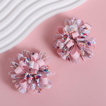 4pcs Happy Birthday Korker Hair Bow Clips for Baby Toddler Girls Ages 1-6, Pink Confetti Sprinkle Curly Ribbon Hairpins Alligator Barrettes,Kids Ice Cream Party Dress Accessory Gift