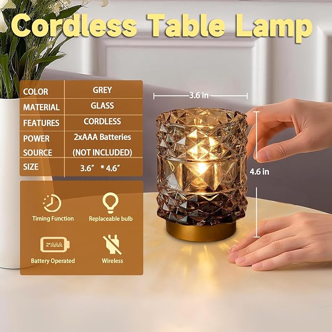 MJ PREMIER Battery Operated Lamp with Timer, Cordless Table Lamps for Shelf Decor, Rhombus Texture Aesthetic Crystal Lamp, Small Decorative Lamps for Bedroom/Bathroom/Kitchen/Entryway/Dorm (Grey)