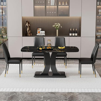 Modern Dining Table & Matching 4 Chairs, Rectangular - Black Marble Top with Leather Upholstery, Perfect for Dining Room (Set of 1 Table + 4 Chairs)