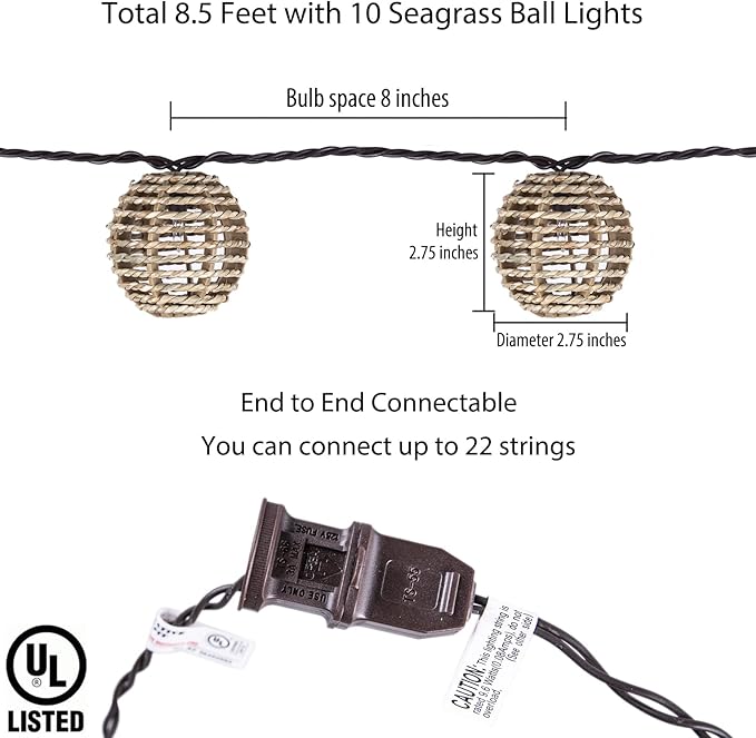 Decorative Outdoor Patio String Lights, Seagrass Rattan Wire Ball Style Lantern String Lights, Connectable Weatherproof Indoor Outdoor Globe Boho String Light for Home Pergola Garden Party Backyard
