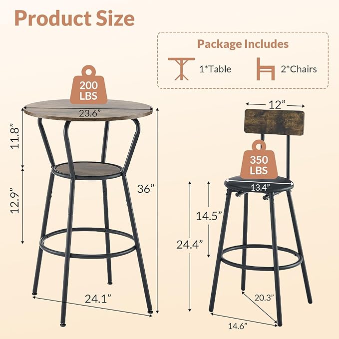 3-Piece Round Bar Table and Chair Set, Small Dining Table for 2, Breakfast Table with 2 Upholstered Stools, Modern Kitchen Bar Table, for Kitchen, Dining Room & Bistro-Rustic Brown