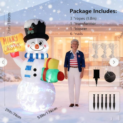 BeBecome 6ft Light-Up Inflatable Snowman Outdoor Christmas Decoration with Merry Christmas Sign, All-Weather Blow Up Yard Decor for Holiday Lawn
