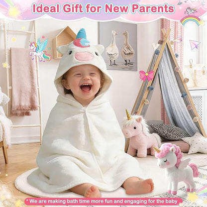 Flasoo 4 PCS Baby Towels Set, Soft Absorbent Baby Hooded Bath Towel, 1 Baby Towel and 3 Baby Washcloths for Newborns, Toddlers, and Kids, 32x32 inch Baby Towel for Boy and Girl (White Unicorn)