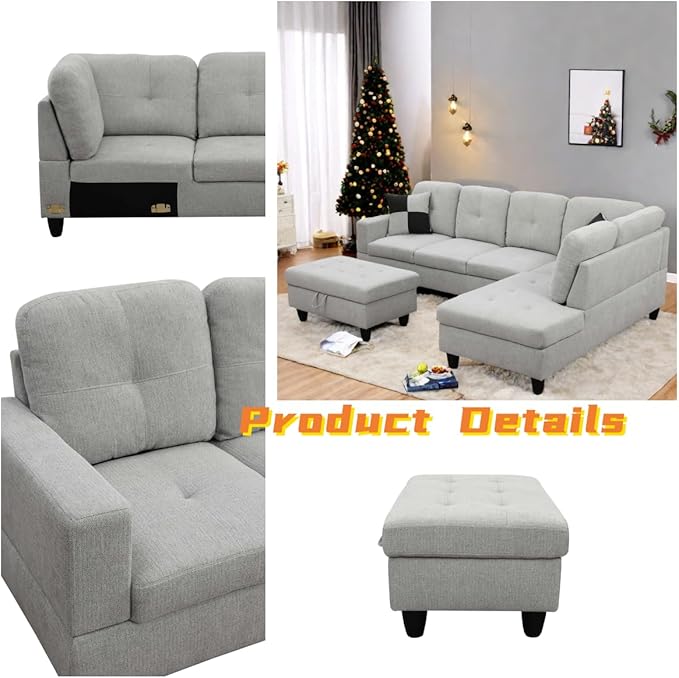 L Shaped Sectional Couch with Otttoman, 103" Sectional Sofa for Living Room Flannel Modular Couches with Cup Holders for Bedroom, Apartments, Light Grey
