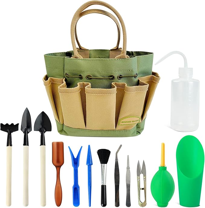 G GOOD GAIN Garden Succulent Kit with Organizer Bag, 15 Pieces Succulent Tools, Indoor Mini Hand Gardening Tools Set with Carrier for Bonsai Planter Miniature Fairy Planting Care(Green)