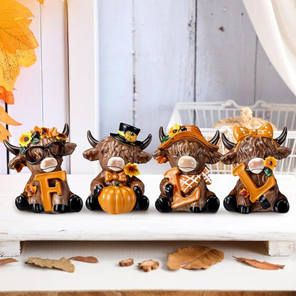 Sosation 4 Pcs Fall Highland Cow Figurines Autumn Pumpkin Highland Cow Gnomes Maple Leaf Scottish Resin Statue Calf Lovers Gifts for Thanksgiving Home Garden Kitchen Office Tiered Tray Table Decor