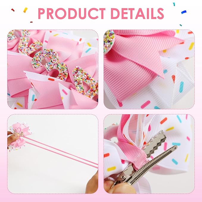 Birthday Hair Bow for Baby Girls 1 2 3 4 5 6 Years Sprinkle Decorations Confetti Ice Cream Party Pink Hair Accessories Headband for First 1st Birthday