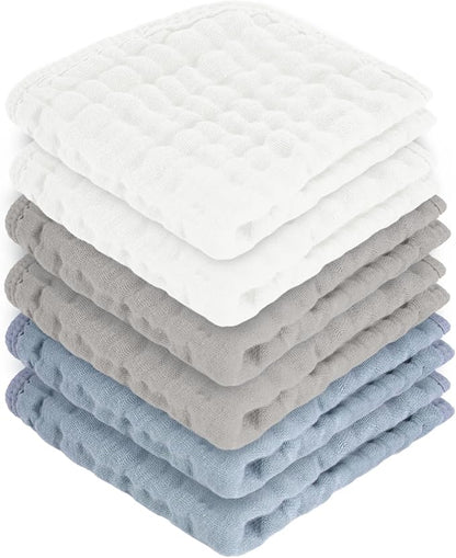 MIGIOL Baby Washcloths 100% Cotton Size is 12x12 inches. Lightweight, Portable, and Ideal for use at Home or on The go. (White & Grey 6 Pieces)