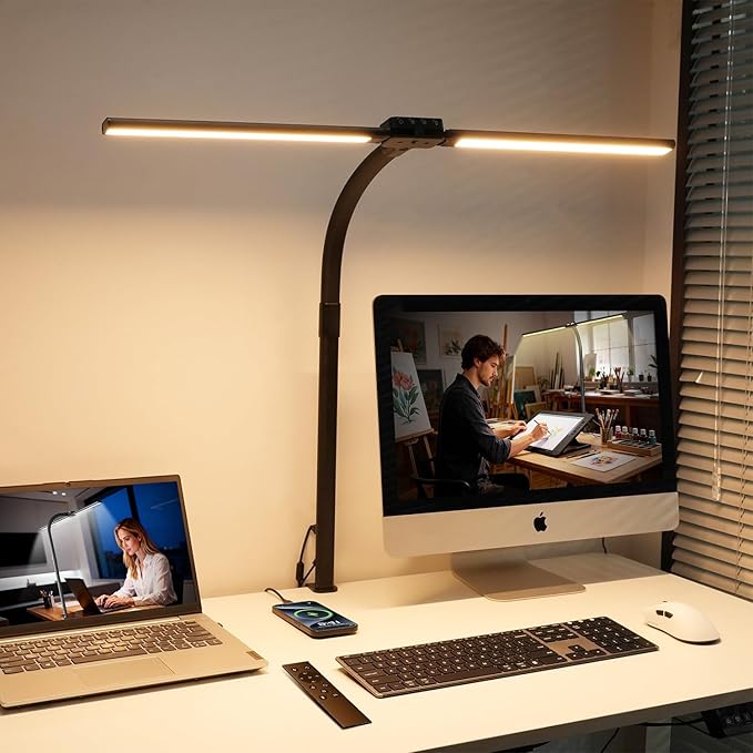 LED Desk Lamp for Home Office - 24W Eye-Caring Architect Clamp Light for Dual Monitors, Bright Task Light with USB Port, Touch Dimming, 5 Colors & 50 Modes, Flexible Gooseneck for Read, Study, Craft