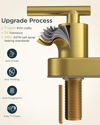 FORIOUS 4" Brushed Gold Bathroom Faucet Centerset 4 Inch, 2 Handle 2 Hole Gold Faucets for Bathroom Vanity wtih Metal Pop Up Dain, CUPC Supply Hose, High Arc Swivel Spout