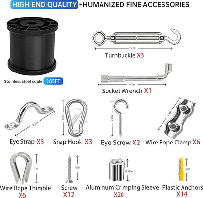 164FT Black Vinyl-Coated 304 Stainless Steel Cable – Heavy Duty String Lights Hanging Kit with Turnbuckle, Thimble & Hooks for Outdoor, Patio, Garden, Christmas Lights