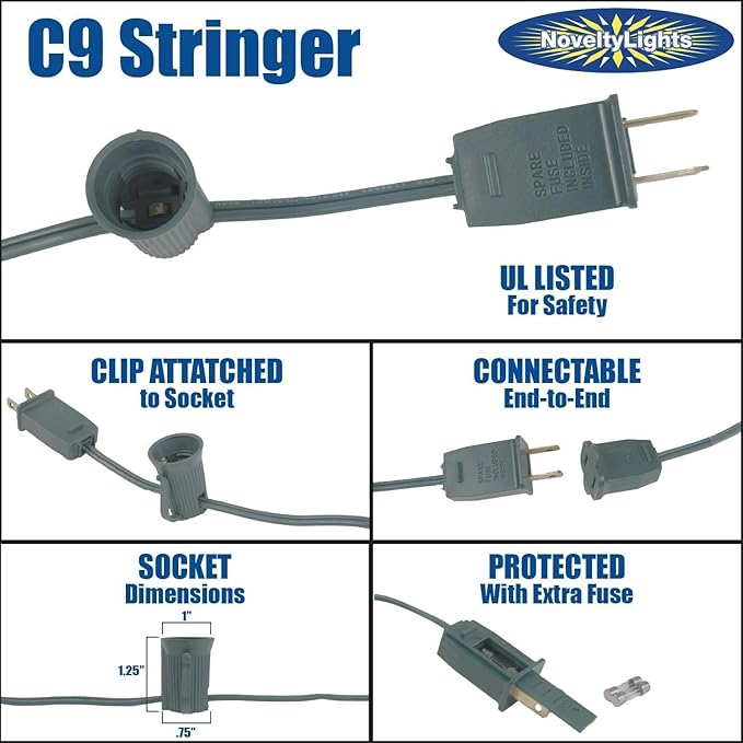Novelty Lights 12.5 Foot String Light Set - Indoor/Outdoor Stringer for Christmas, Wedding Decor, Patios, & More - C9/E17 Intermediate Base (White Wire, 6" Spacing)