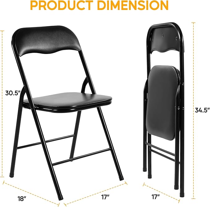 HealSmart 2 Pcs Folding Chairs with Leather Padded Cushion Seats, Back & Sturdy Metal Frame, Stackable, Portable, Commercial Event Seat, Indoor Outdoor for Parties, Home Event, Office, Black