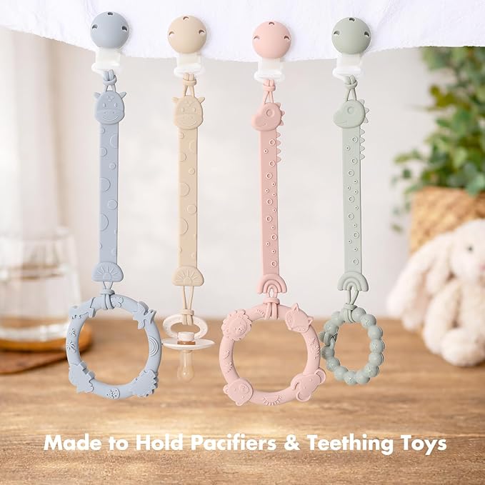 Pacifier Clips for Baby Boys Girls, One-Piece Silicone Pacifier Holder Strap 4 Pack, Binky Paci Clips Animal Rainbow Design, Lightweight Break-Resistant, Dishwasher Safe-Ivory+Sage