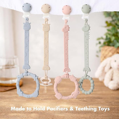 Pacifier Clips for Baby Boys Girls, One-Piece Silicone Pacifier Holder Strap 4 Pack, Binky Paci Clips Animal Rainbow Design, Lightweight Break-Resistant, Dishwasher Safe-Ivory+Sage