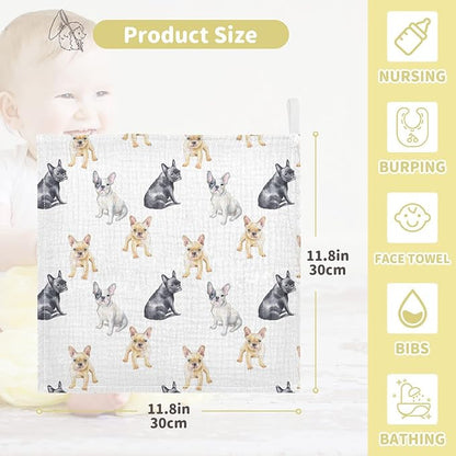 Baby Washcloths Cotton Pets French Bulldog Baby Muslin Washcloths Soft Baby Face Towel for Newborn Infants Baby Wipes, 11.8 X 11.8 Inch, 5 Pack