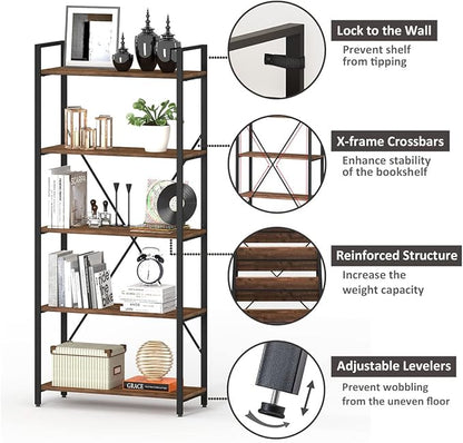 BON AUGURE Industrial Bookshelf, Etagere Bookcases and Book Shelves 5 Tier, Rustic Wood and Metal Shelving Unit (Rustic Oak)