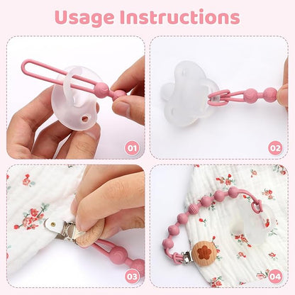 Silicone Pacifier Clip Holder for Baby Girls Boys, Christmas Baby Gifts 4-Pack One-Piece Soft Flexible Binky Clips Holder with Cute Texture, Anti-Loss Paci Clips for Birthday Baby Shower Essentials