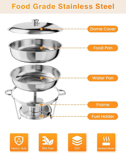 Chafing Dish for Buffet, 5 QT Round Chafing Dishes Buffet Set w/Lid Holder, Stainless Steel Chafers and Food Warmers With Spoon and Tweezers for Parties, Weddings (Silver, 6 Pack)