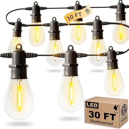 30FT LED Outdoor String Lights with 10+1 Edison Shatterproof IP65 Waterproof Bulbs, 2700K Dimmable Commercial Grade Patio Lights, Heavy Duty Outside Hanging Lights for Garden Porch Decor