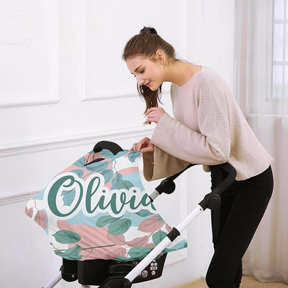 Personalised Car Seat Cover for Babies - Multi-use Carseat Canopy Cover with Name, Car Seat Covers, Christmas Birthday Gifts for Infant Boys and Girls Pink Leaf Print