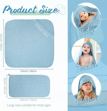 VitalCozy 12 Pcs Baby Muslin Hooded Bath Towels and Washcloths, Muslin Hooded Baby Towels Absorbent Blankets for Gift Newborn Infant Shower (Green Blue Gray)