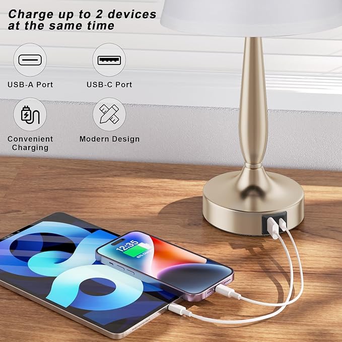 Kakanuo Touch Table Lamp for Bedroom, Small Bedside Lamp with USB C Charging Port, 3 Way Dimmable Touch Control Nightstand Lamp for Living Room, White Shade and Champagne Gold Base