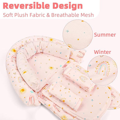 2-in-1 Infant Car Seat Insert, Upgraded Newborn Carseat Insert, Breathable & Soft Baby Car Seat Head Support with 2 Strap Covers for Girls, Perfect for Carseat, Stroller, Swing, Pink