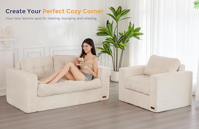 MAXYOYO Living Room Chair for Adults, Upholstered Floor Sofa with Armrests, Boneless Chair with Tufted Cushion & Backrest, Sofa in A Box, Bean Bag Couch for Bedroom Living Room, Dorm, Beige