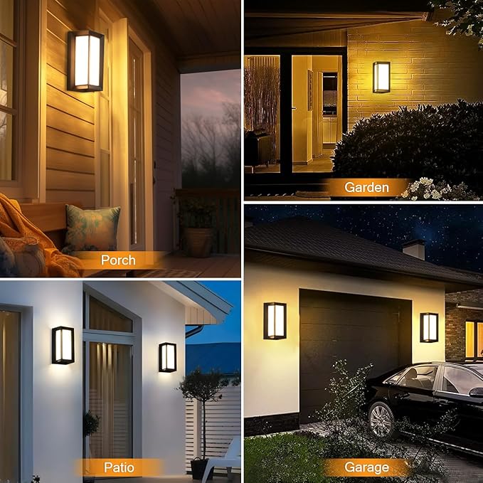 wowlite Modern Outdoor Wall Lights 2 Pack, LED Outdoor Wall Sconce 3 Colors Changeable, Matte Black Exterior Lighting Fixtures, IP65 Waterproof Outside Lights for House Porch Front Door