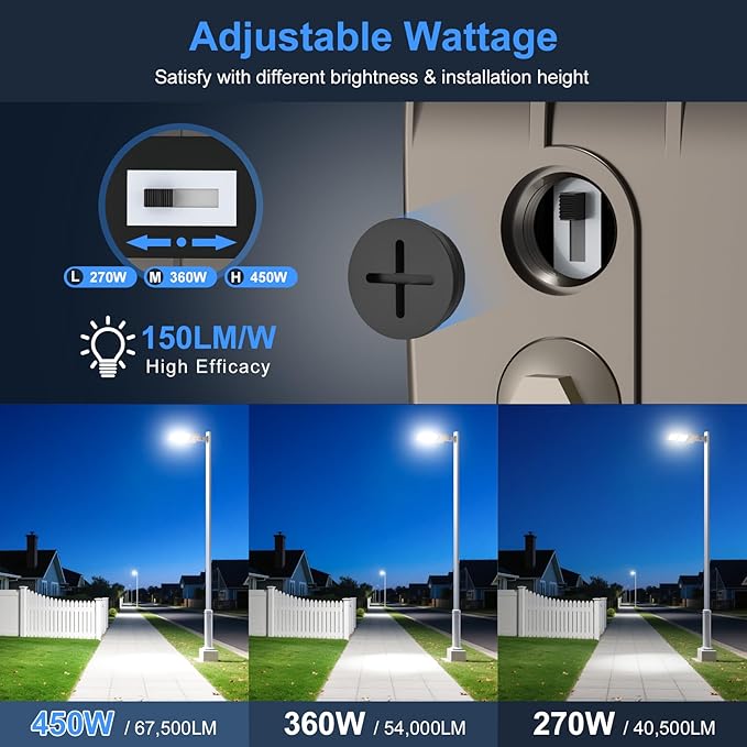 KUKUPPO 10Pack 450W LED Parking Lot Light Power Adjustable, LED Shoebox Flood Pole Light Outdoor Parking Lighting with Arm Mount 67,500LM 5000K IP65 Waterproof 100-277V ETL Listed