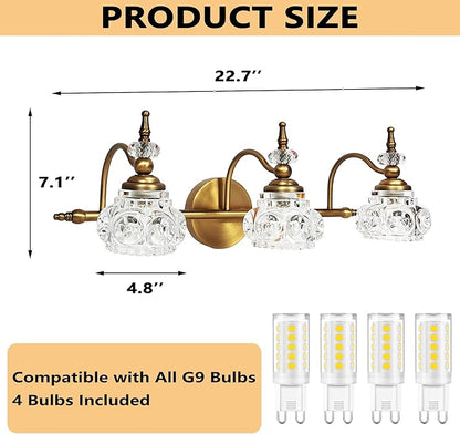 Montex Brass Bathroom Light Fixtures, Gold Vanity Light Vintage, Bathroom Vanity Light Fixtures, Wall Sconces Lighting for Bedroom, Living Room, Hallway, 3 Lights