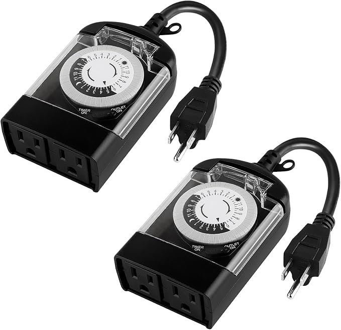 Outdoor Timer Outlet Waterproof, 24 Hour Mechanical Timer Outlet for Home and Garden, 2 Grounded, 15A 3/4HP, Black, 2 Pack