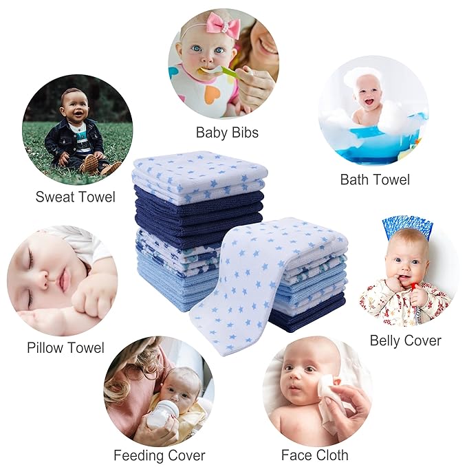 Softan Baby Washcloths, 24Pack Baby Wash Cloths Extra Soft & Ultra Absorbent, Baby Towels and Washcloths Face Towel Unisex for Boys Girls Body, Washclothes Gentle on Sensitive Skin, 9x9 Blue Whale